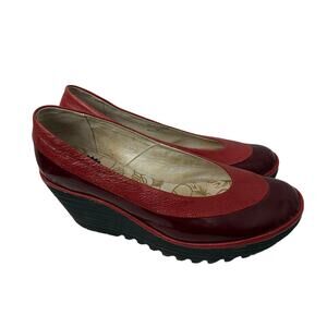 Fly London Yoko Perforated Wedge Shoes Red Patent Leather Women’s Size 9
